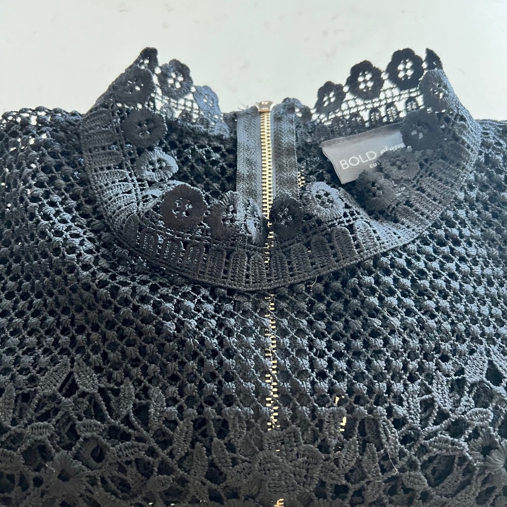 Whimsigoth Black Crochet Lace Top High Neck Bell Sleeve Large